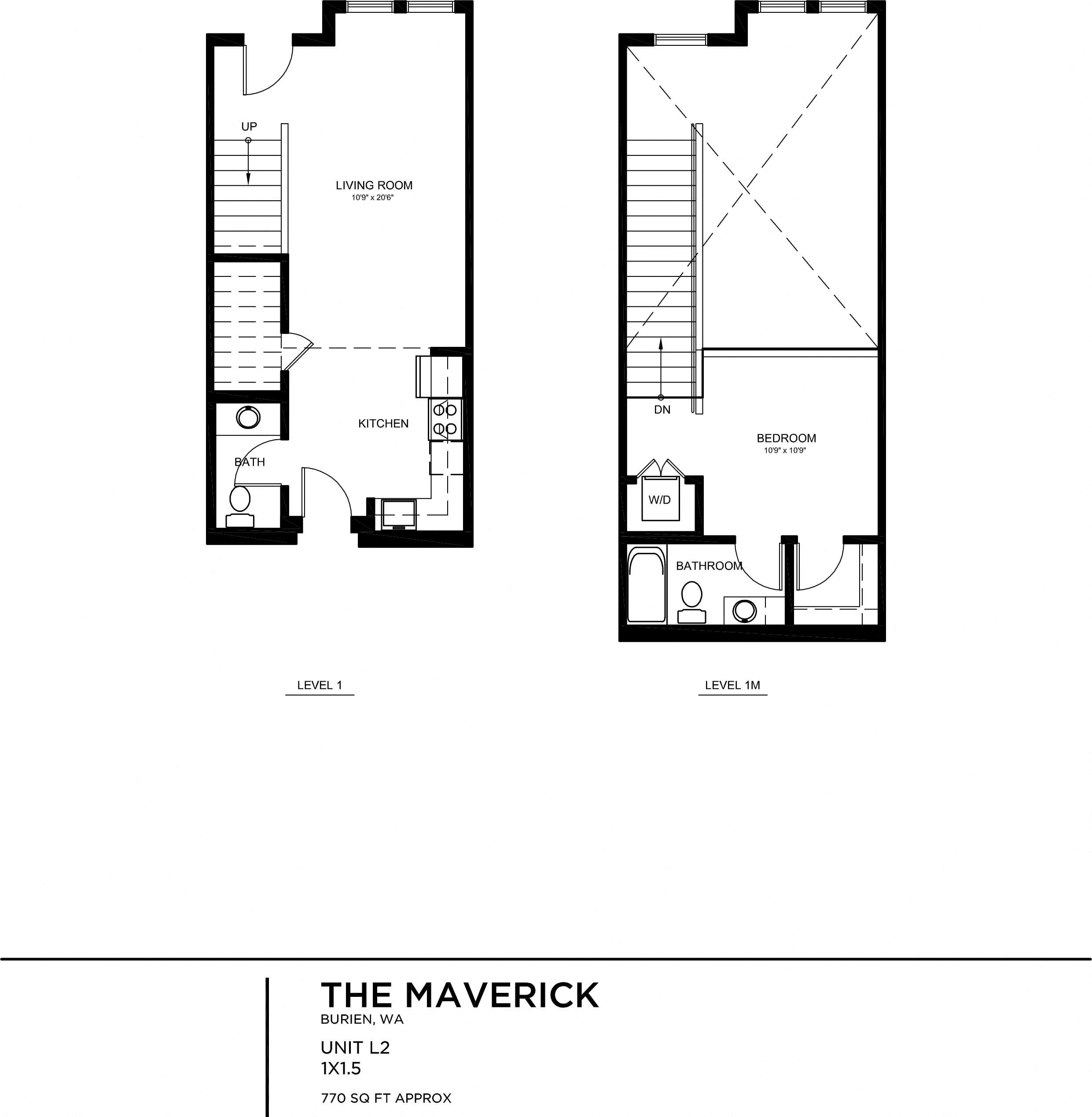 Floor plan for 1 bed, 1.5 baths, 771 sqft