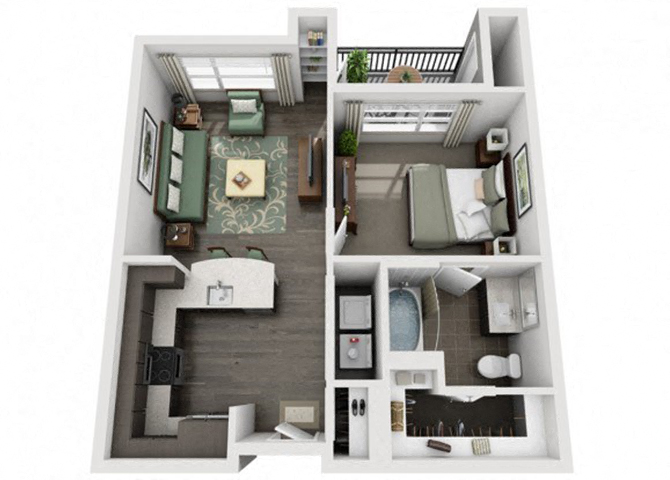 Floor plan for 1 bed, 1 bath, 613 sqft