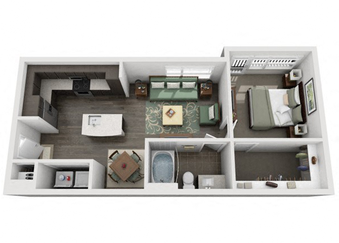 Floor plan for 1 bed, 1 bath, 669 sqft