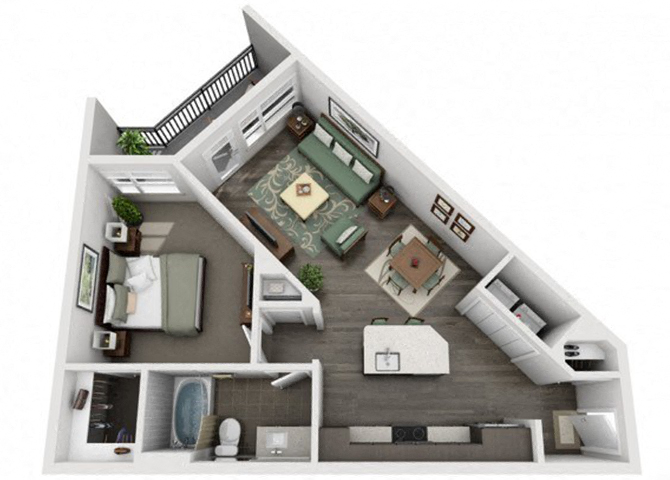 Floor plan for 1 bed, 1 bath, 749 sqft