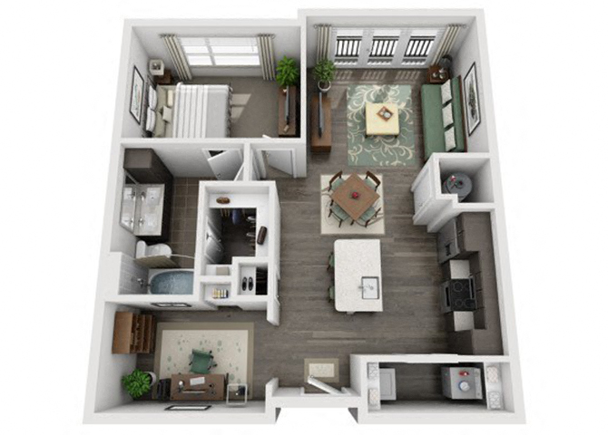 Floor plan for 1 bed, 1 bath, 836 sqft