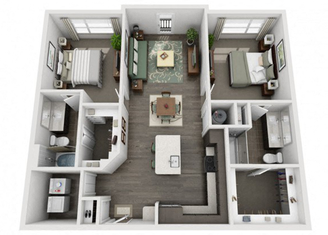 Floor plan for 2 beds, 2 baths, 1129 sqft