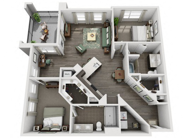 Floor plan for 2 beds, 2 baths, 1244 sqft