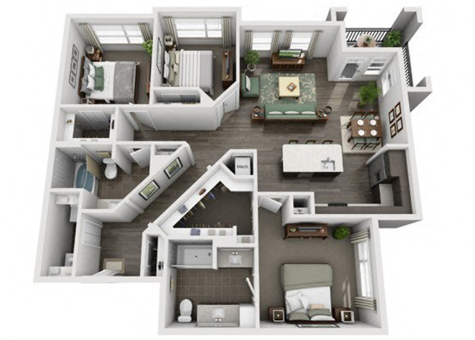 Floor plan for 3 beds, 2 baths, 1401 sqft