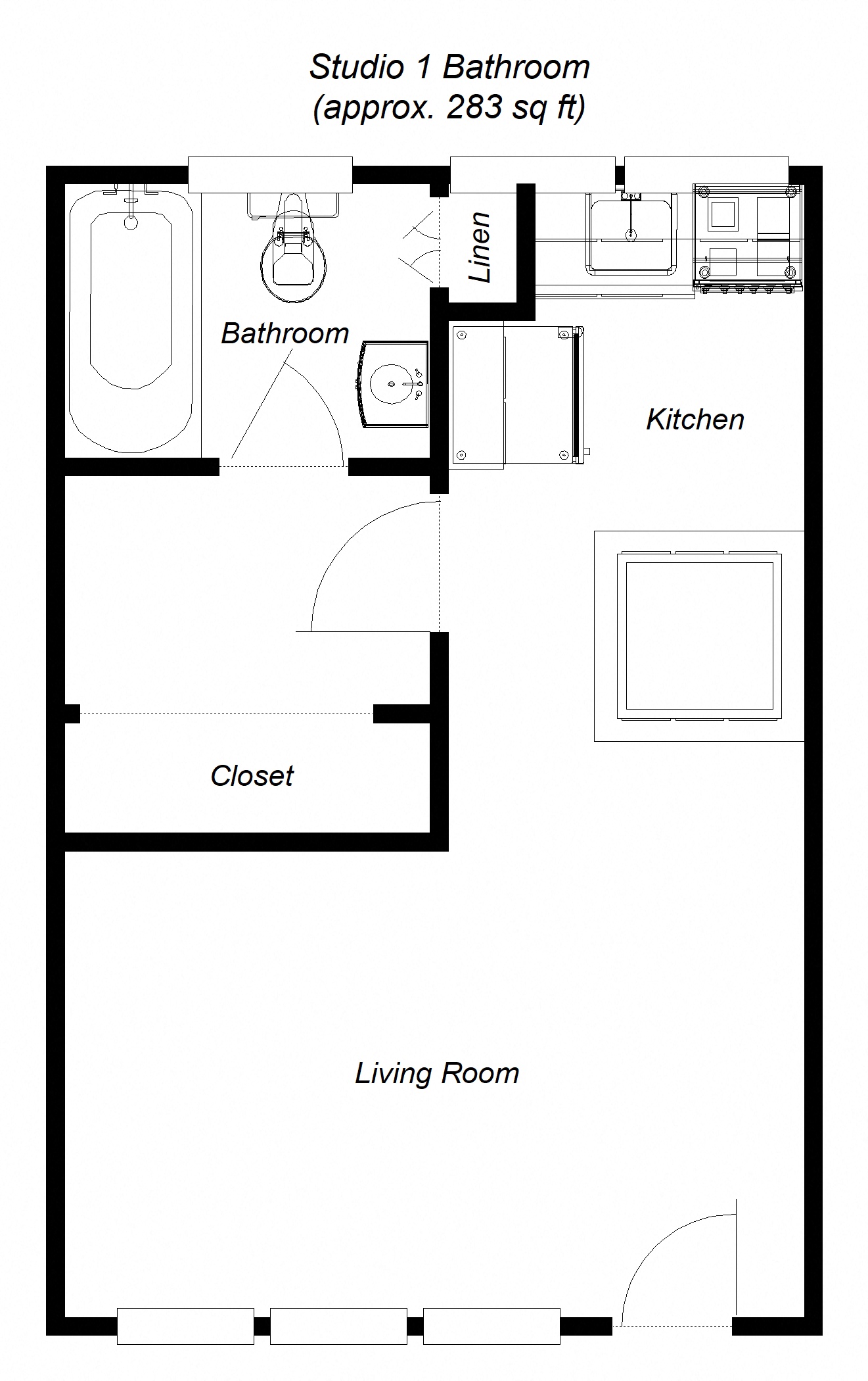 Floor plan for studio, 1 bath, 283 sqft