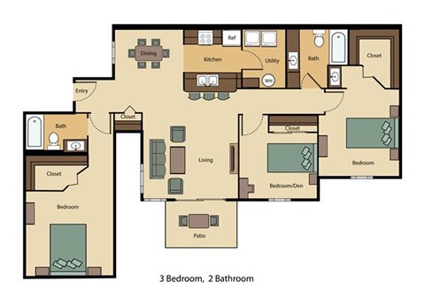 Floor plan for 3 beds, 2 baths, 1346 sqft