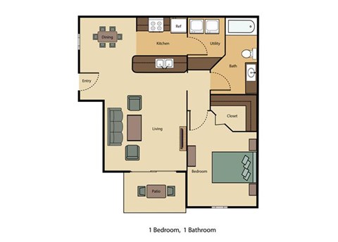 Floor plan for 1 bed, 1 bath, 814 sqft