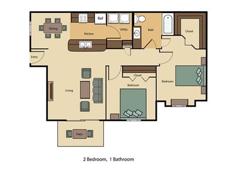 Floor plan for 2 beds, 1 bath, 1003 sqft