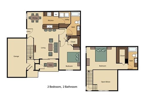 Floor plan for 2 beds, 2 baths, 1305 sqft