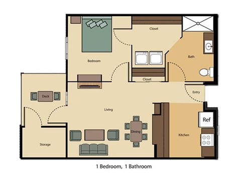 Floor plan for 1 bed, 1 bath, 681 sqft