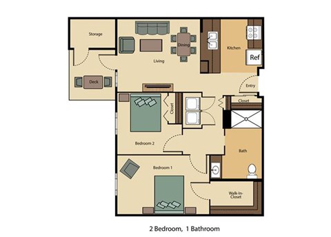 Floor plan for 2 beds, 1 bath, 945 sqft