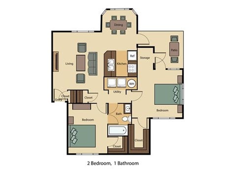 Floor plan for 2 beds, 1 bath, 1050 sqft