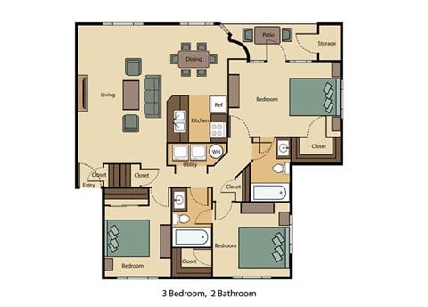 Floor plan for 3 beds, 2 baths, 1150 sqft