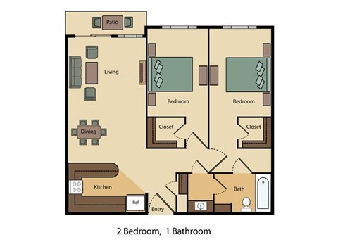 Floor plan for 2 beds, 1 bath, 878 sqft