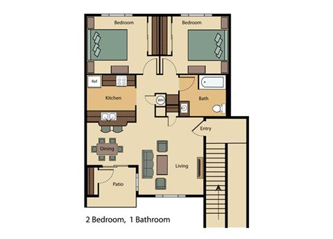 Floor plan for 2 beds, 1 bath, 886 sqft