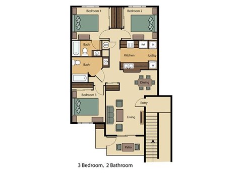 Floor plan for 3 beds, 2 baths, 1088 sqft