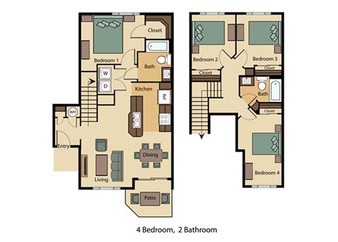 Floor plan for 4 beds, 2 baths, 1318 sqft