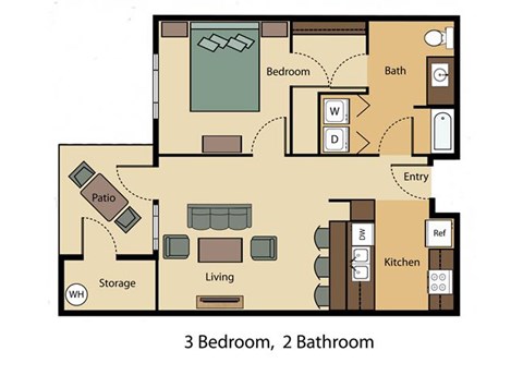 Floor plan for 1 bed, 1 bath, 654 sqft