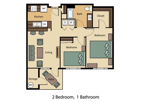 Floor plan for 2 beds, 1 bath, 905 sqft