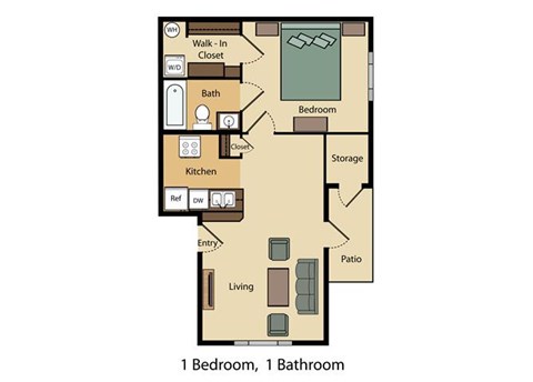 Floor plan for 1 bed, 1 bath, 587 sqft