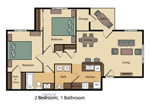 Floor plan for 2 beds, 1 bath, 865 sqft