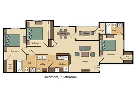 Floor plan for 3 beds, 2 baths, 1008 sqft