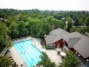 Boise apartment for rent - an aerial view of a swimming pool and a building