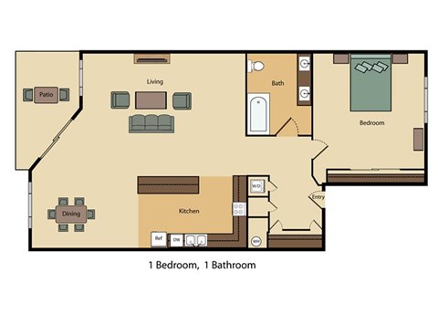 Floor plan for 1 bed, 1 bath, 850 sqft