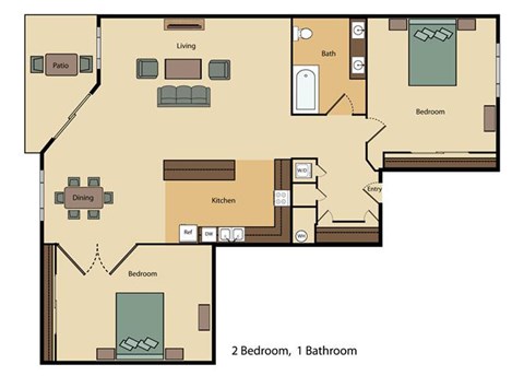 Floor plan for 2 beds, 1 bath, 1080 sqft