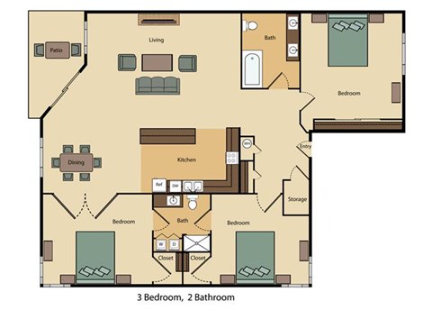Floor plan for 3 beds, 2 baths, 1400 sqft