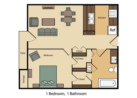 Floor plan for 1 bed, 1 bath, 651 sqft