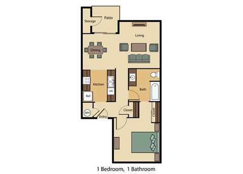Floor plan for 1 bed, 1 bath, 654 sqft