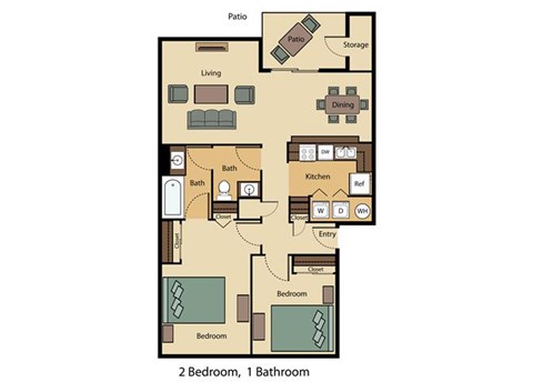 Floor plan for 2 beds, 1 bath, 950 sqft