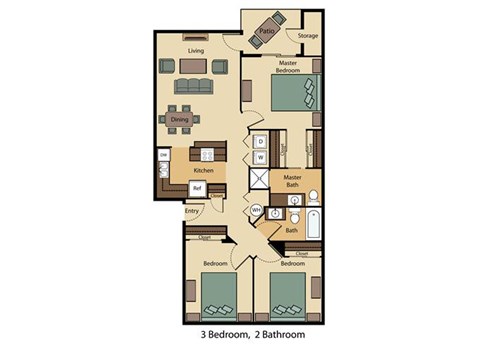 Floor plan for 3 beds, 2 baths, 1087 sqft