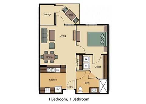 Floor plan for 1 bed, 1 bath, 690 sqft