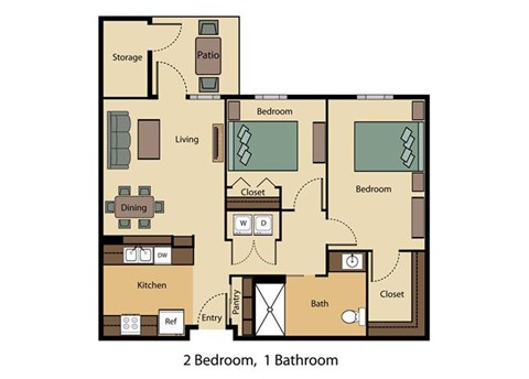 Floor plan for 2 beds, 1 bath, 944 sqft