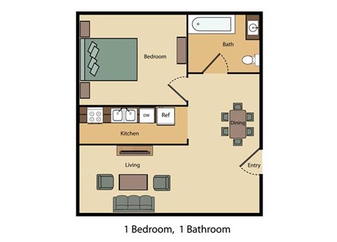 Floor plan for 1 bed, 1 bath, 600 sqft