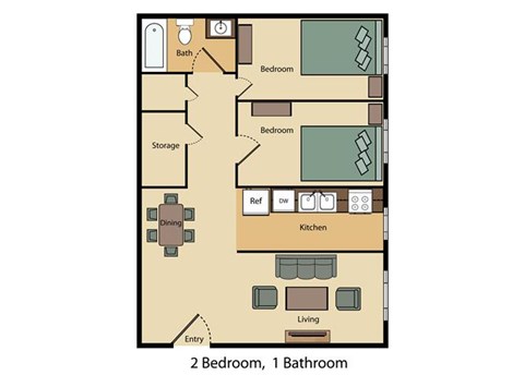 Floor plan for 2 beds, 1 bath, 758 sqft