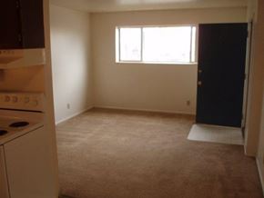 Boise apartment for rent - an empty living room with a stove and a window