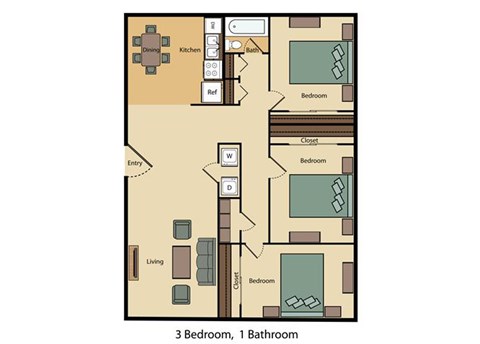 Floor plan for 3 beds, 1 bath, 917 sqft