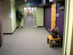 Caldwell apartment for rent - a hallway with purple doors and a table with a plant
