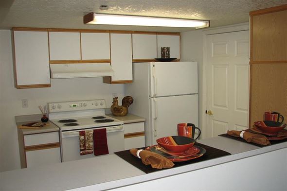 Caldwell apartment for rent - a white kitchen with a stove and a refrigerator