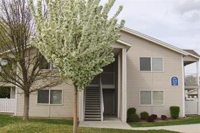 Caldwell apartment for rent - an apartment building with a flowering tree in front of it