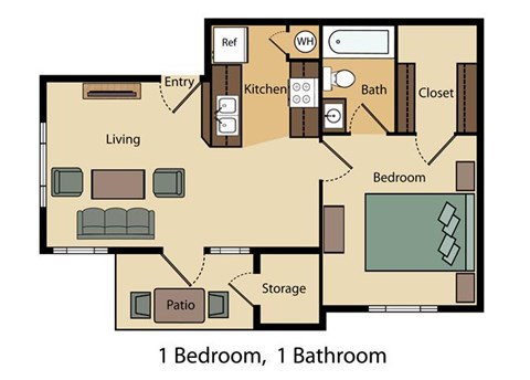 Floor plan for 1 bed, 1 bath, 575 sqft