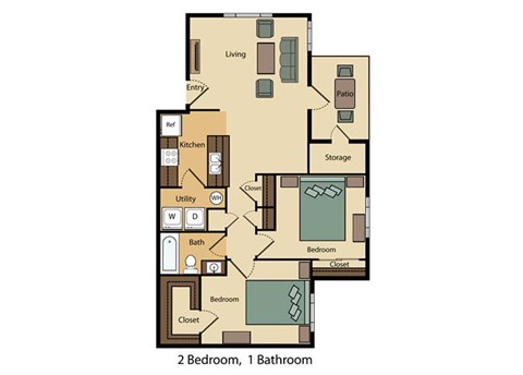Floor plan for 2 beds, 1 bath, 893 sqft