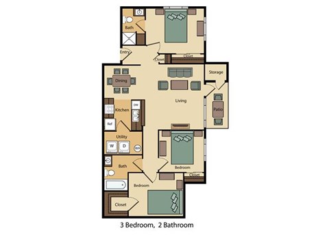 Floor plan for 3 beds, 1.5 baths, 1163 sqft
