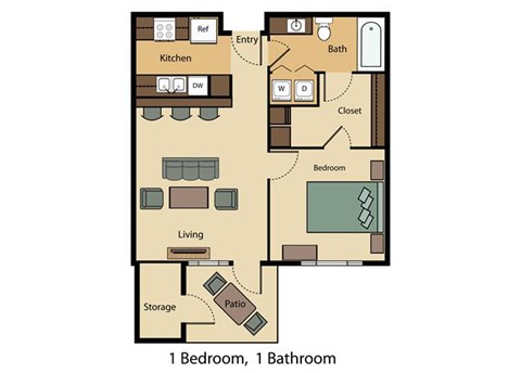 Floor plan for 1 bed, 1 bath, 656 sqft