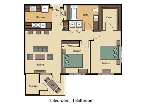 Floor plan for 2 beds, 1 bath, 851 sqft