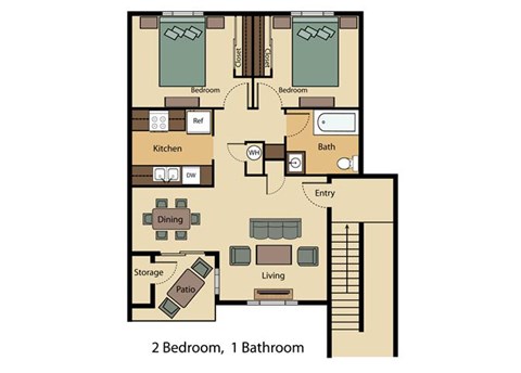 Floor plan for 2 beds, 1 bath, 886 sqft