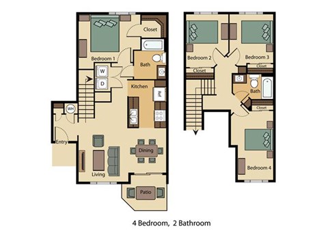 Floor plan for 4 beds, 2 baths, 1318 sqft